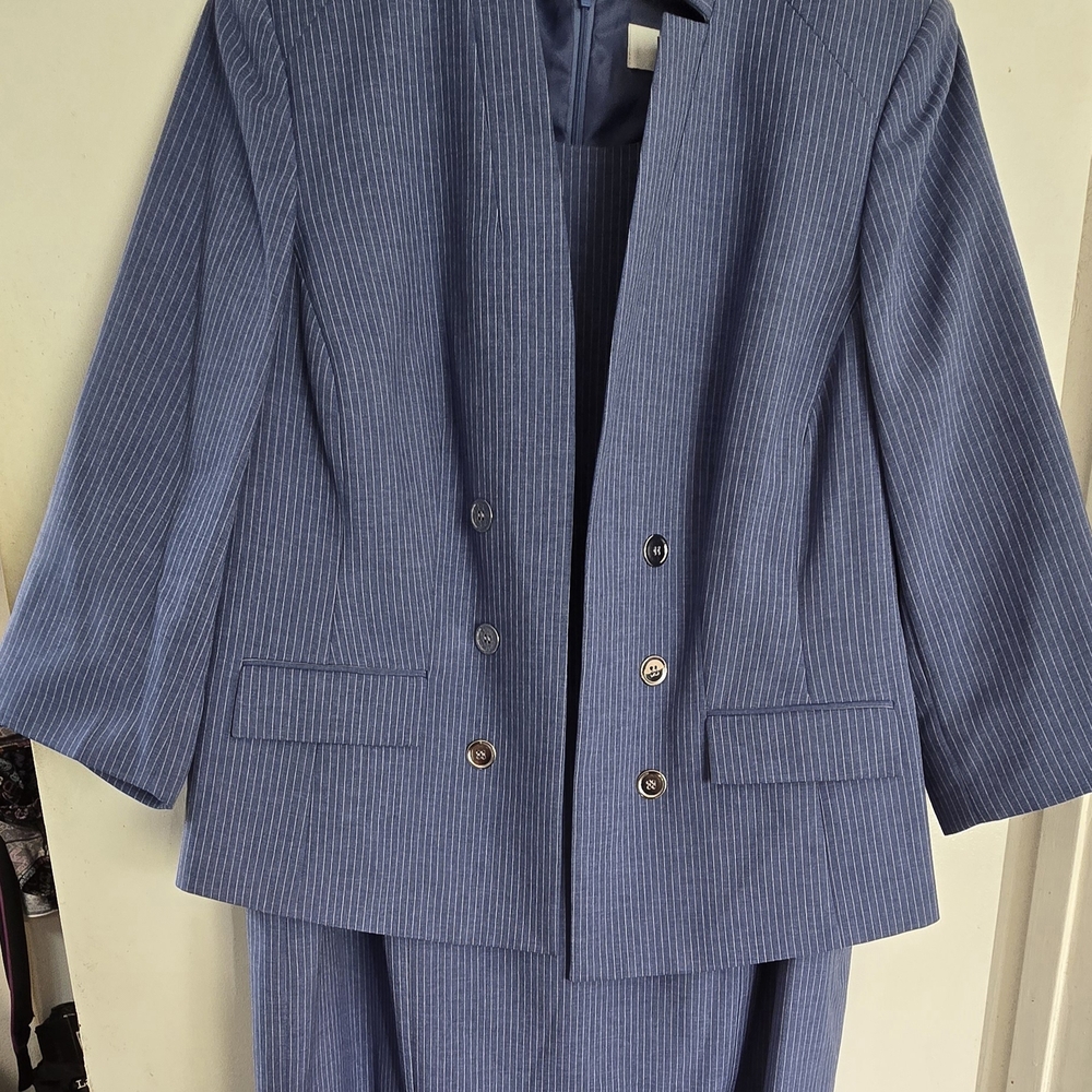 Le Suit Blue 3/4 Sleeve Mandarin Collar Work Dress